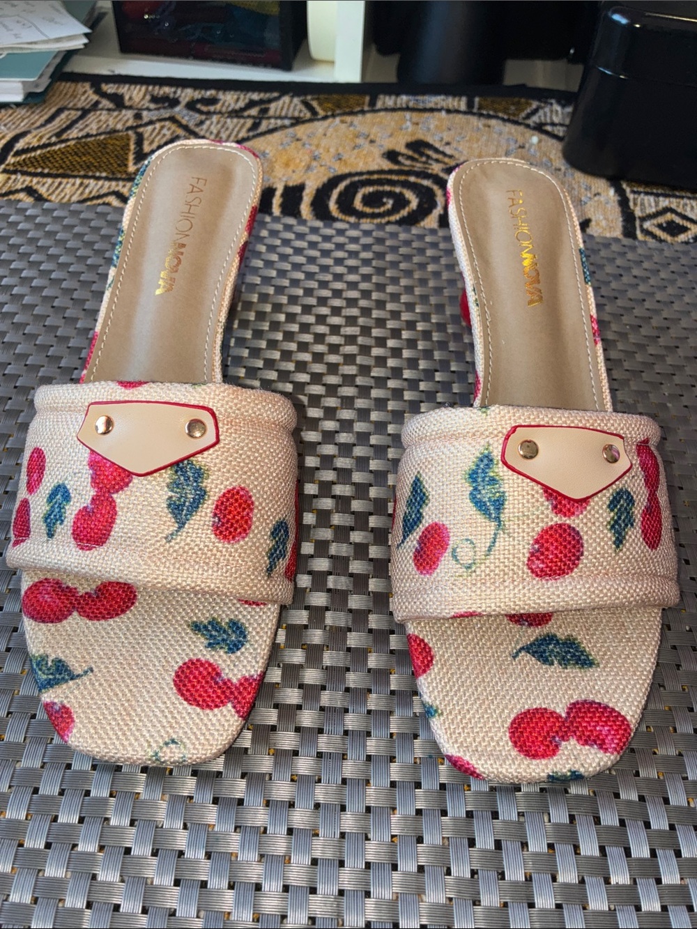 Fashion Nova Cream Cherry-Print Slide Mules with Red Accents